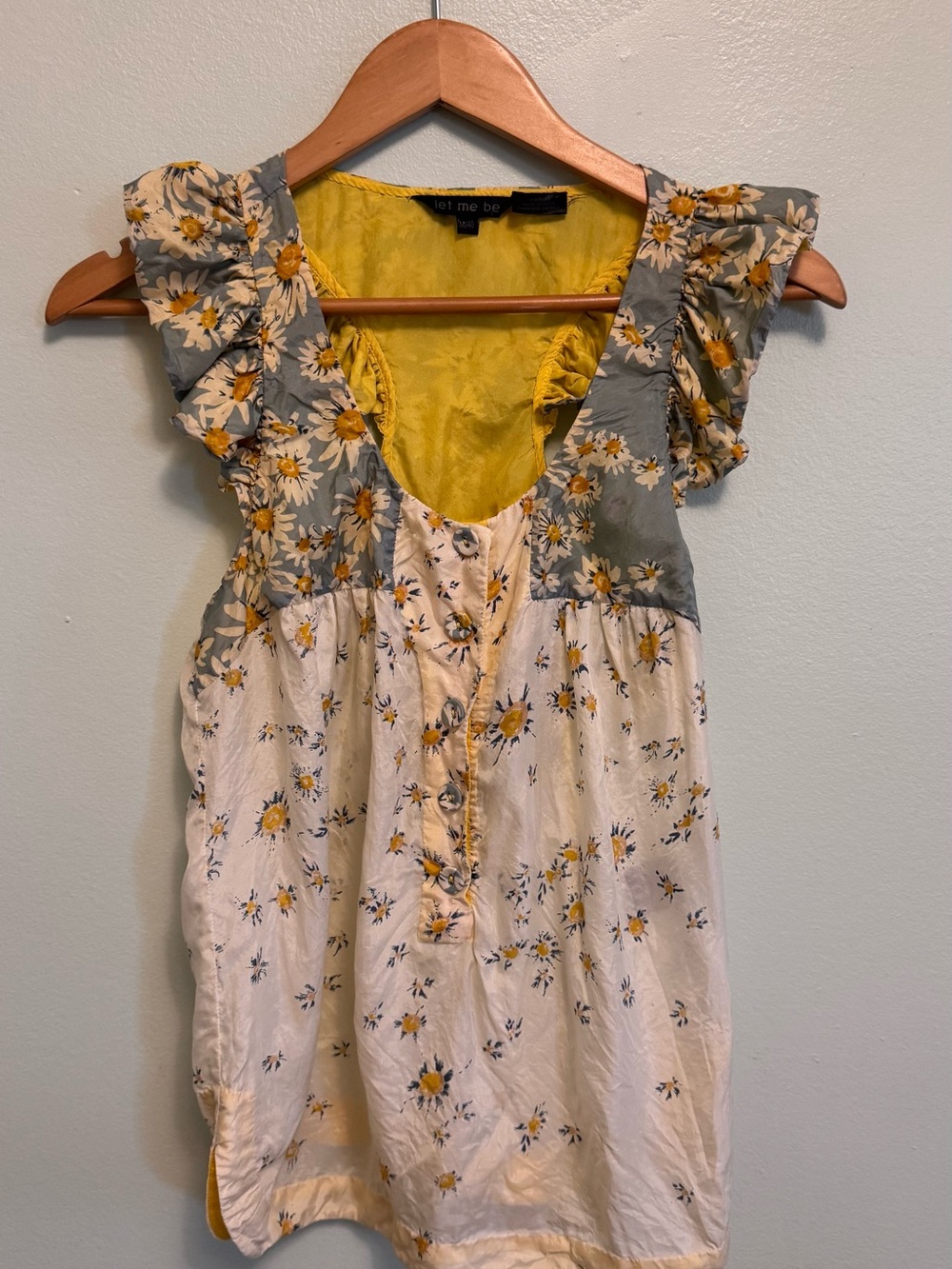 Sunflower-Print Ruffle Sleeve Crop Top - Yellow & Gray